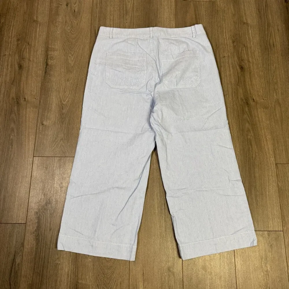 J.Crew Striped High Rise Wide Leg Cropped Pants Sz 33 Blue White Stretch Zip Fly